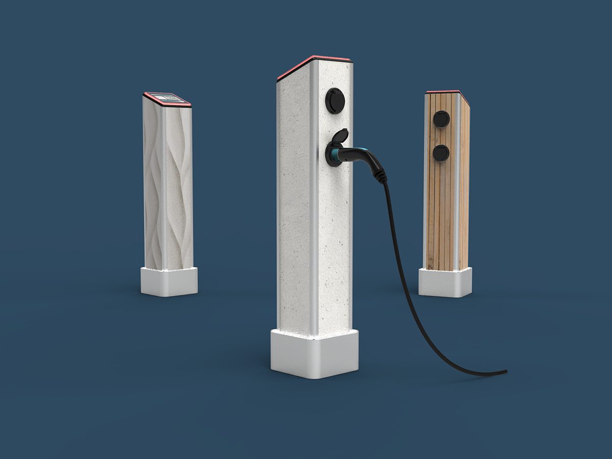 Render of EV charging station, in three versions with different materials.
