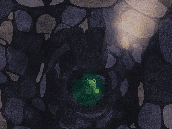 A cropped section of the illustration for the fable 'Frog in the Well' - A story about an ignorant frog who thought the well was the entire world.