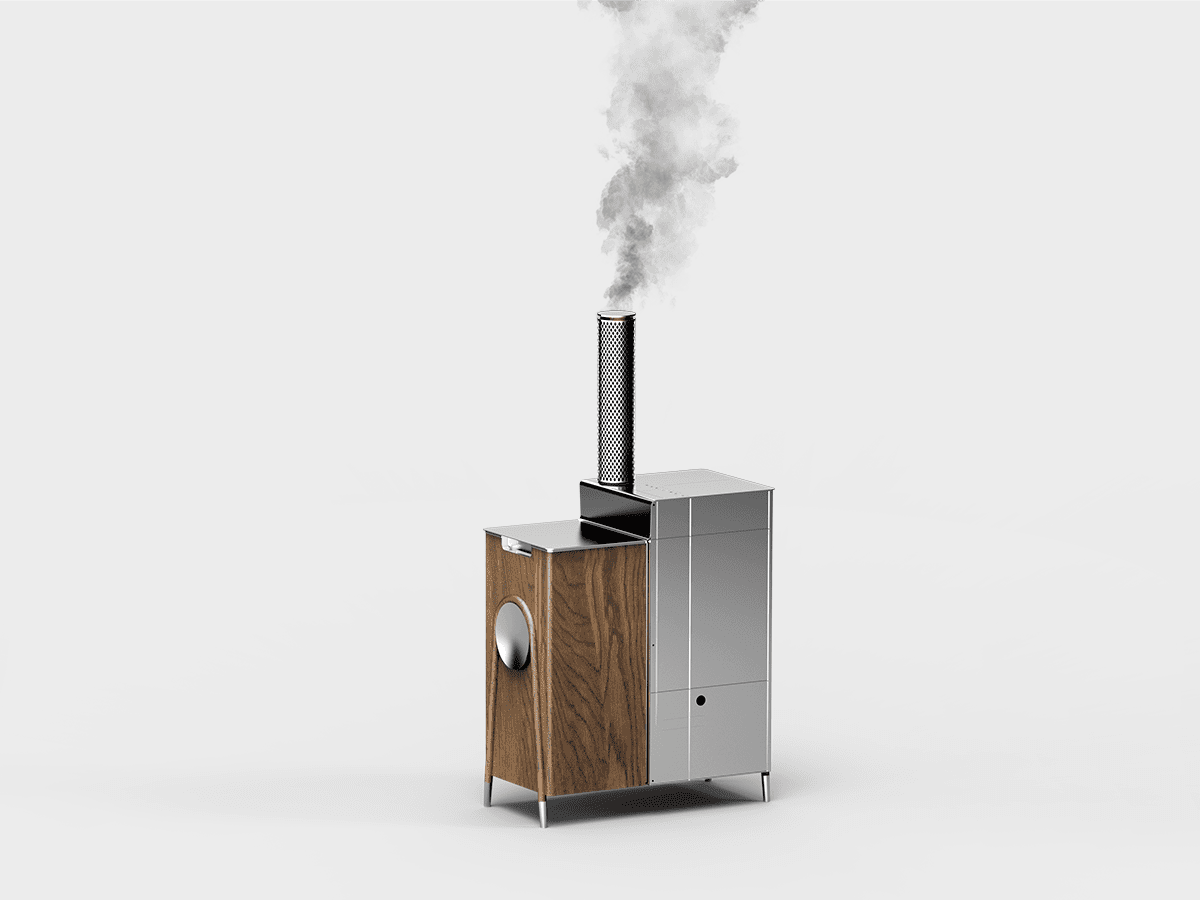 Main hero shot graphic render showing a furniture like product with timber panelling on the left half and stainless steel on the right. A chimney protrudes from the top surface and is emitting smoke.