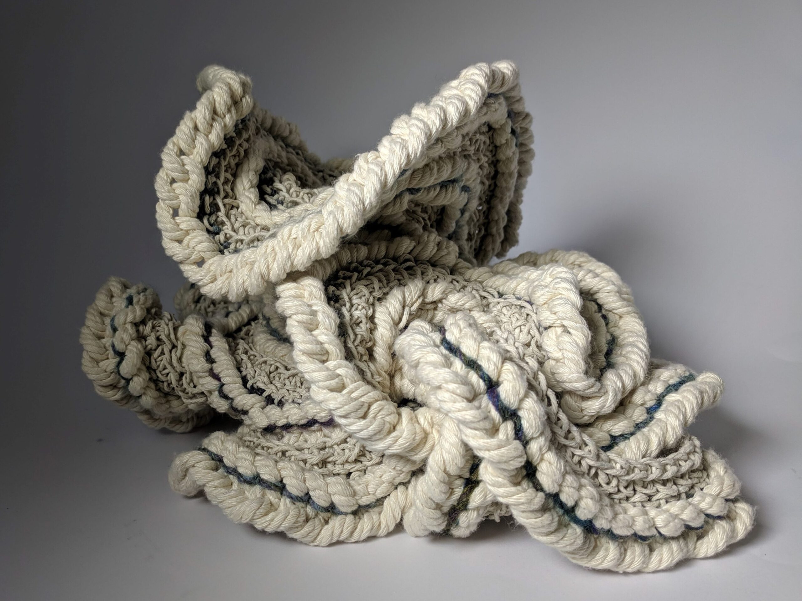 Hyperbolic crochet of different cord widths, piled together to create a maquette of a free-standing sculpture. 
