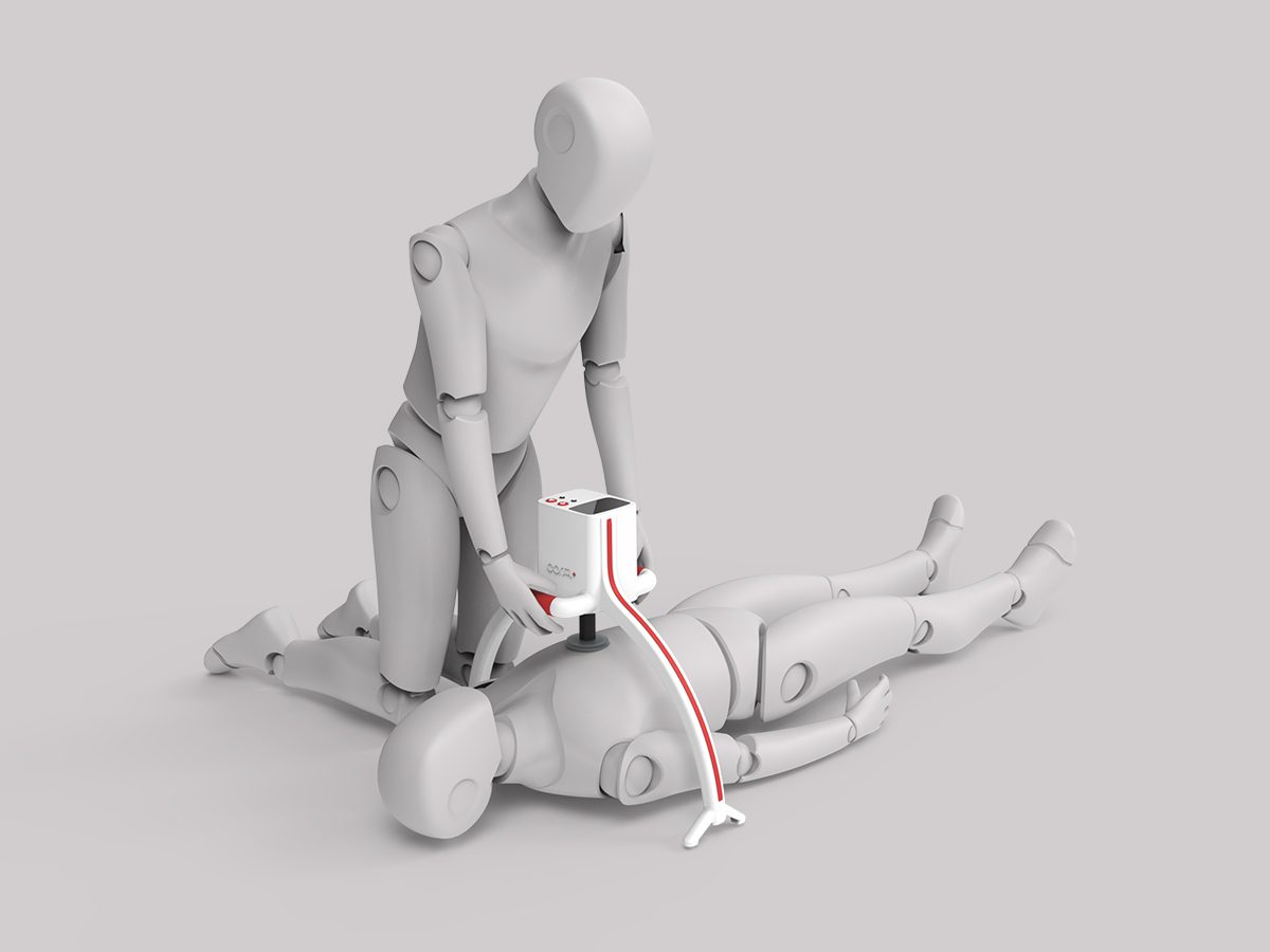 Render of product with two dummies, simulating use in performing compressions.