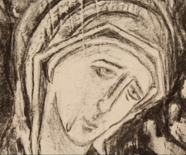 The Virgin Mary crying within my charcoal animation.