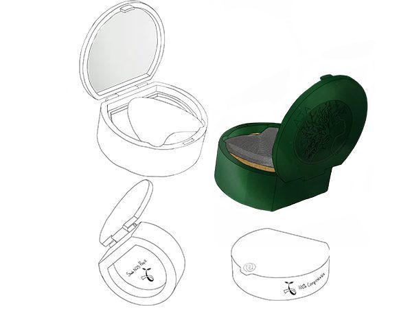 Sketches of a green cushion compact foundation with a silicone applicator sponge. The applicator has a finger print texture. Sketch of the cushion refill with the seedling logo indicating that it is biodegradable.