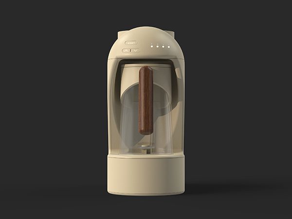 Front view of the cream coloured product with a cylindrical water tank behind it. In the front is a pitcher with a wooden handle and glass sides.