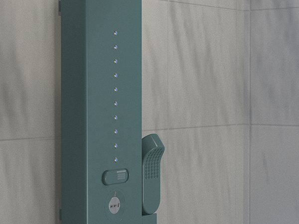 Close up image of the details of the mounted shower. It has 10 blue lights, a hand held shower head a switch to change from hand held shower to over the head shower and a dial.