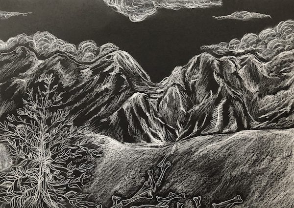 Croatian mountains drawn with white charcoal.